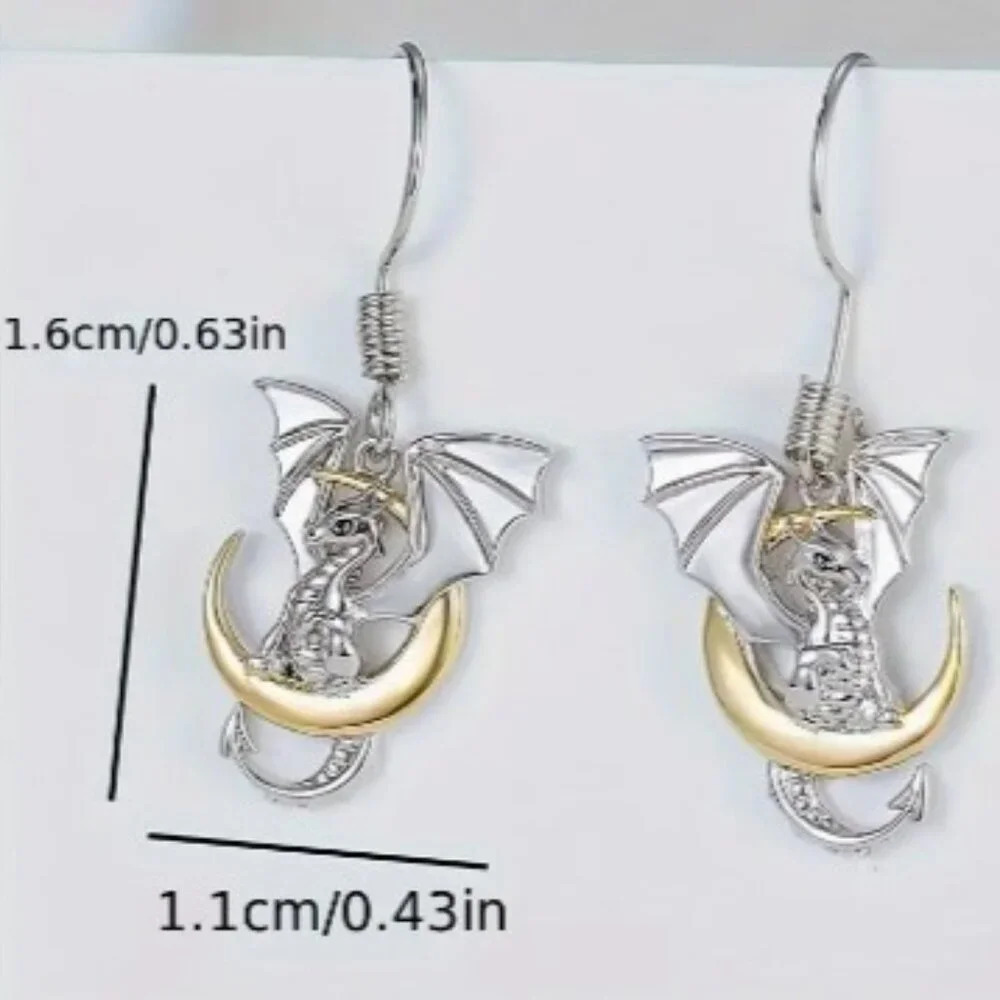 Moon & Dragon Pendant Earrings White Gold Plated Copper - Whimsigoth - Picture 3 of 6